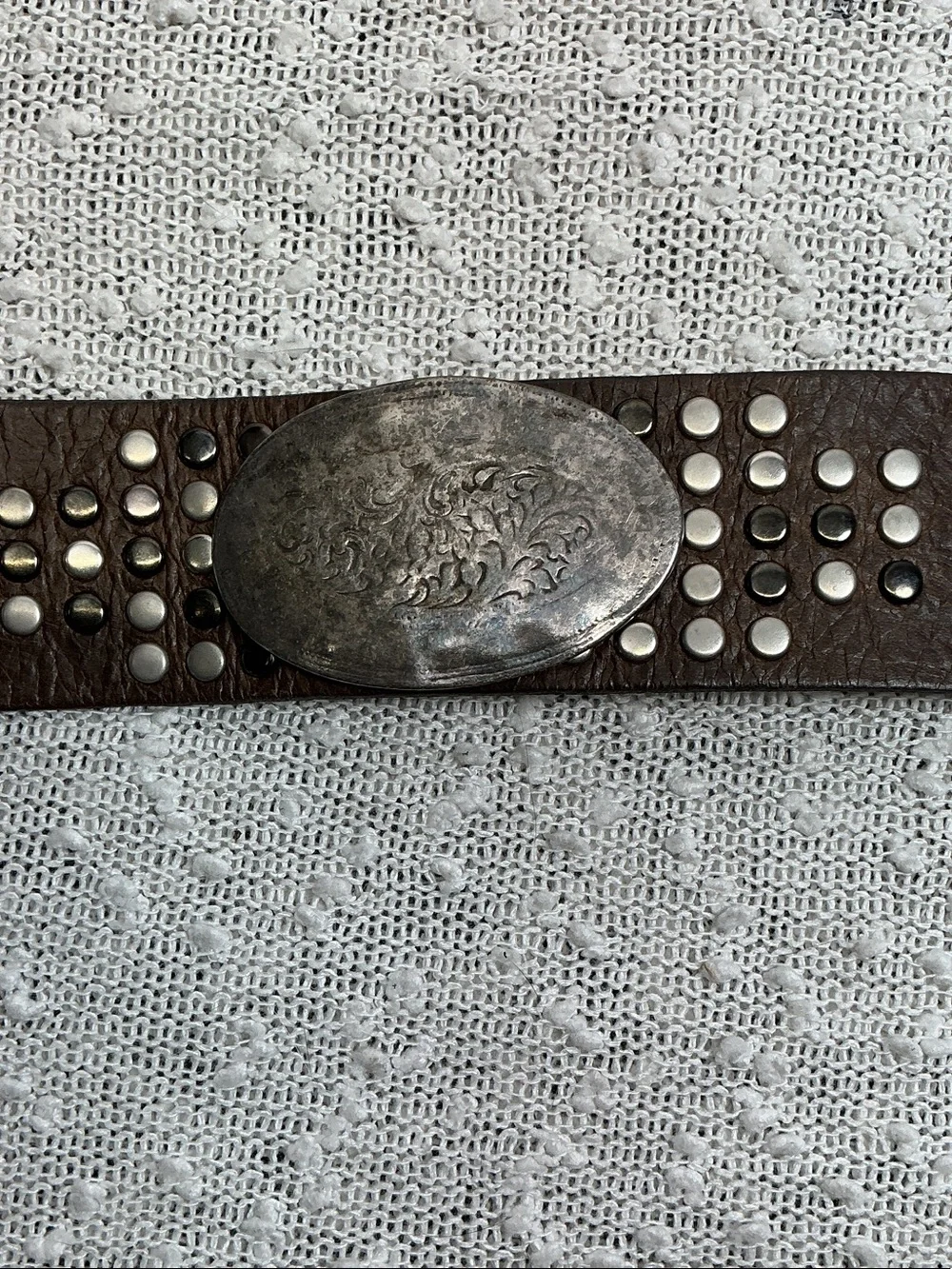 Brown Studded Noir Leather Cuff Bracelet with Engraved Silver Buckle